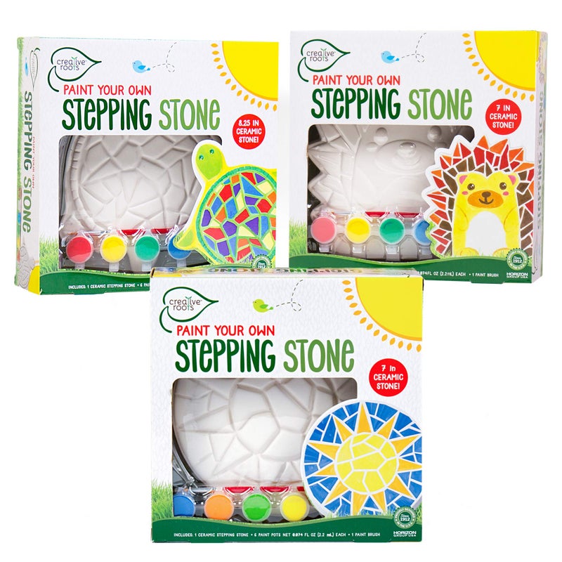 Creative Roots Mosaic Turtle, Hedgehog, & Sun - 3-Pack 7-Inch Ceramic Stepping Stones & 6 Vibrant Paints, Paint Your Own DIY Stepping Stones for Kids Ages 8+ - Image 1